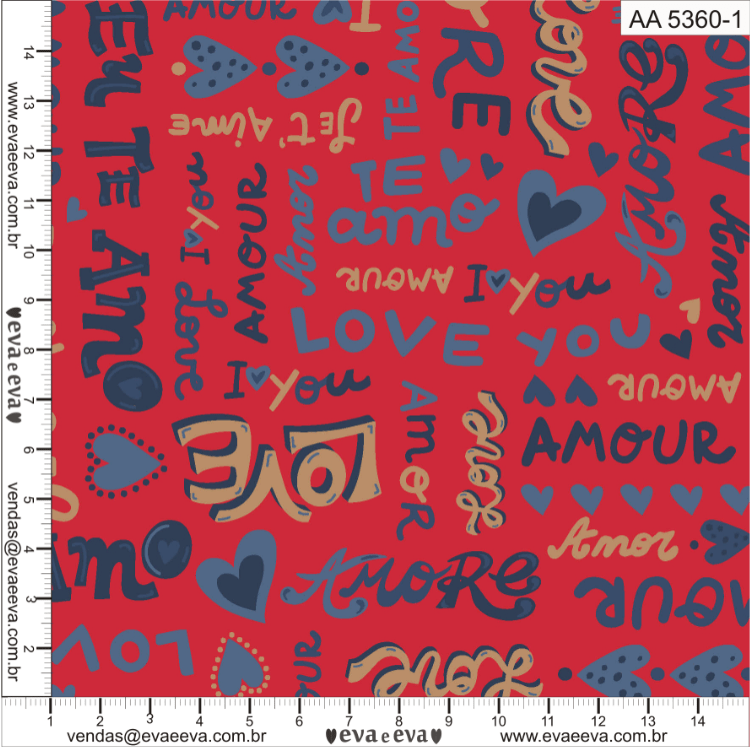 Tecido tricoline estampada da Eva e Eva - Coleção Amor Amour Amore Love - AA5360-1 - Largura 1,40 / 1,50