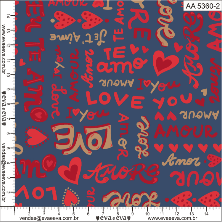 Tecido tricoline estampada da Eva e Eva - Coleção Amor Amour Amore Love - AA5360-2 - Largura 1,40 / 1,50