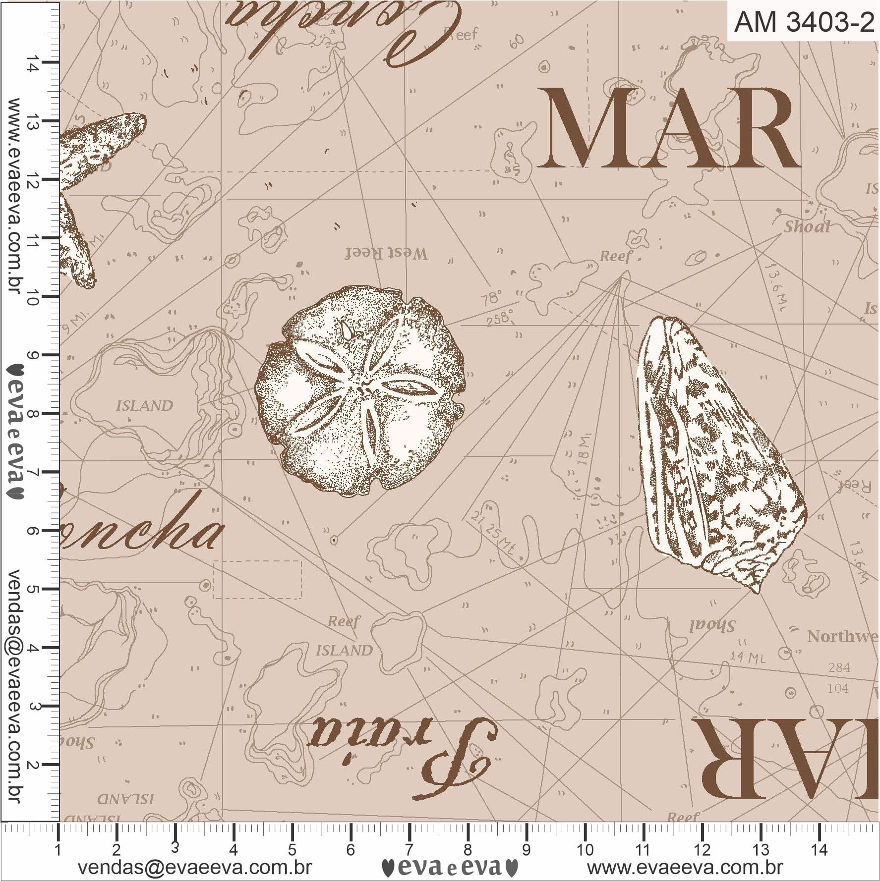 Tecido tricoline estampada da Eva e Eva - Coleção Areia e Mar - AM3403-2 - Largura 1,40 / 1,50