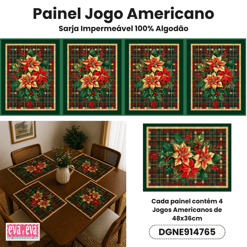 Tecido Painel em Sarja Impermeável 100% Algodão | 4 Jogos Americanos | Natal Elegance | DGNE914765