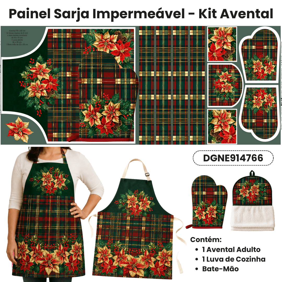 Tecido Painel Costura Criativa Kit Avental Sarja Impermeável 100% Algodão - NATAL ELEGANCE - DGNE914766
