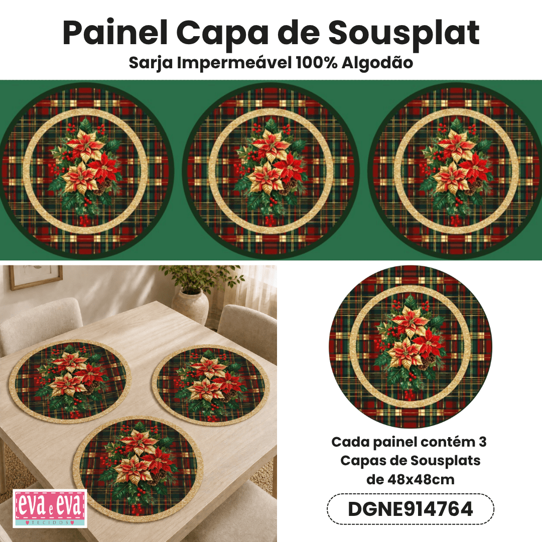 Tecido Painel em Sarja Impermeável 100% Algodão | 3 Capas de Sousplat | Natal Elegance | DGNE914764