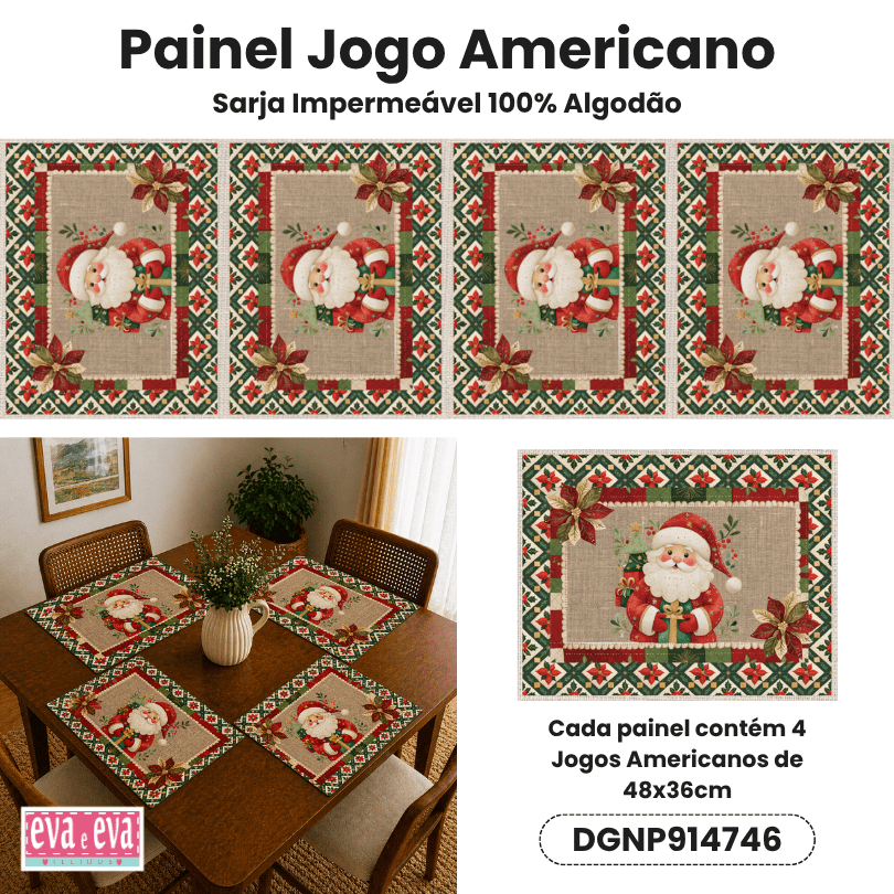 Tecido Painel em Sarja Impermeável 100% Algodão | 4 Jogos Americanos | Natal Patchwork | DGNP914746