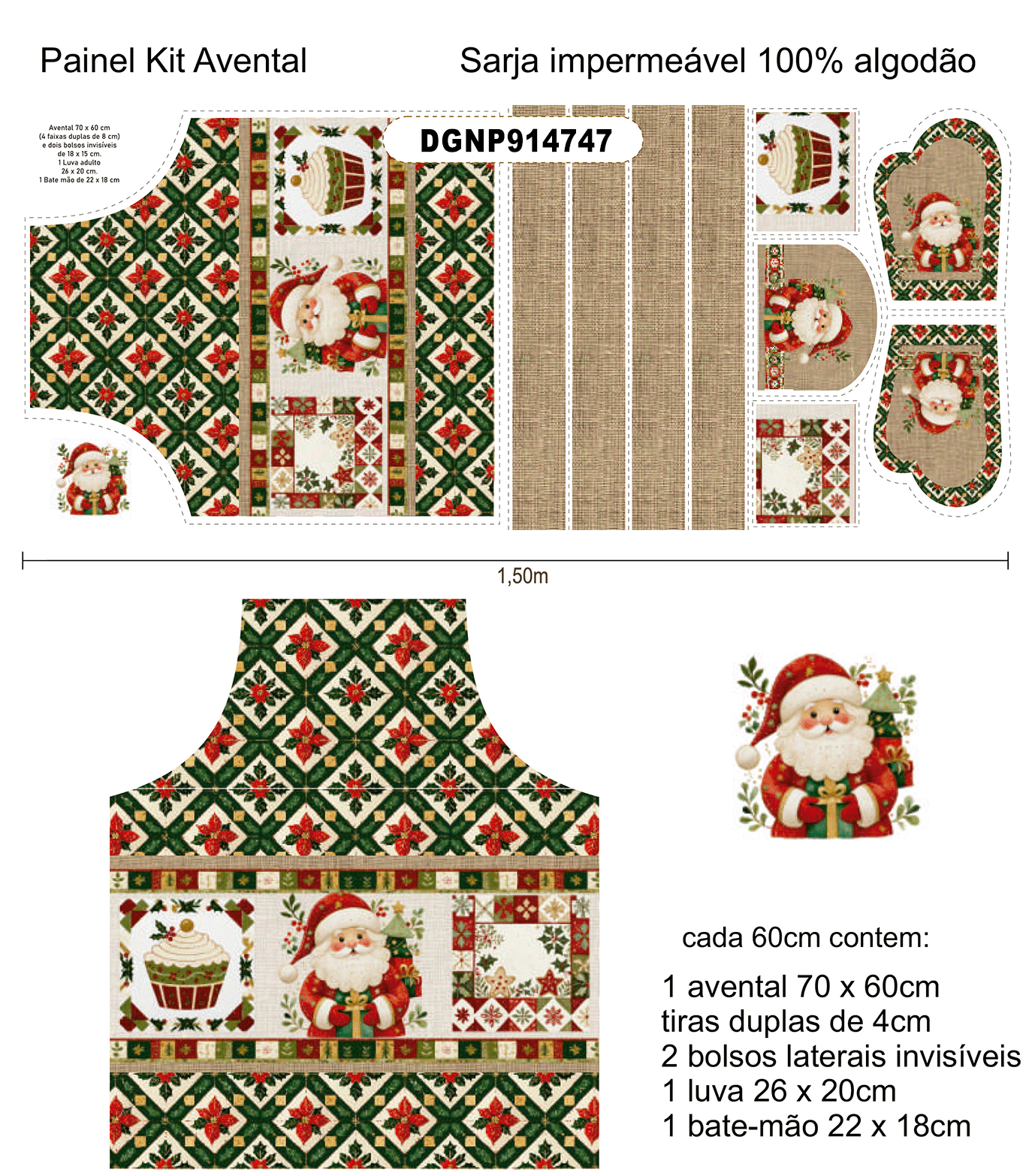 TECIDO SARJA IMPERMEÁVEL EXCLUSIVO 100% ALGODÃO - NATAL PATCHWORK - KIT AVENTAL NATAL - DGNP914747