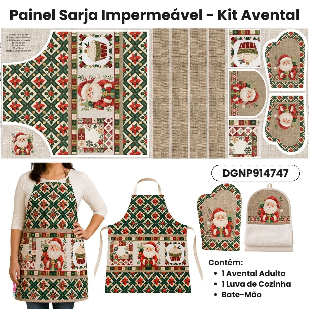 Tecido Painel Costura Criativa Kit Avental Sarja Impermeável 100% Algodão - NATAL PATCHWORK - DGNP914747