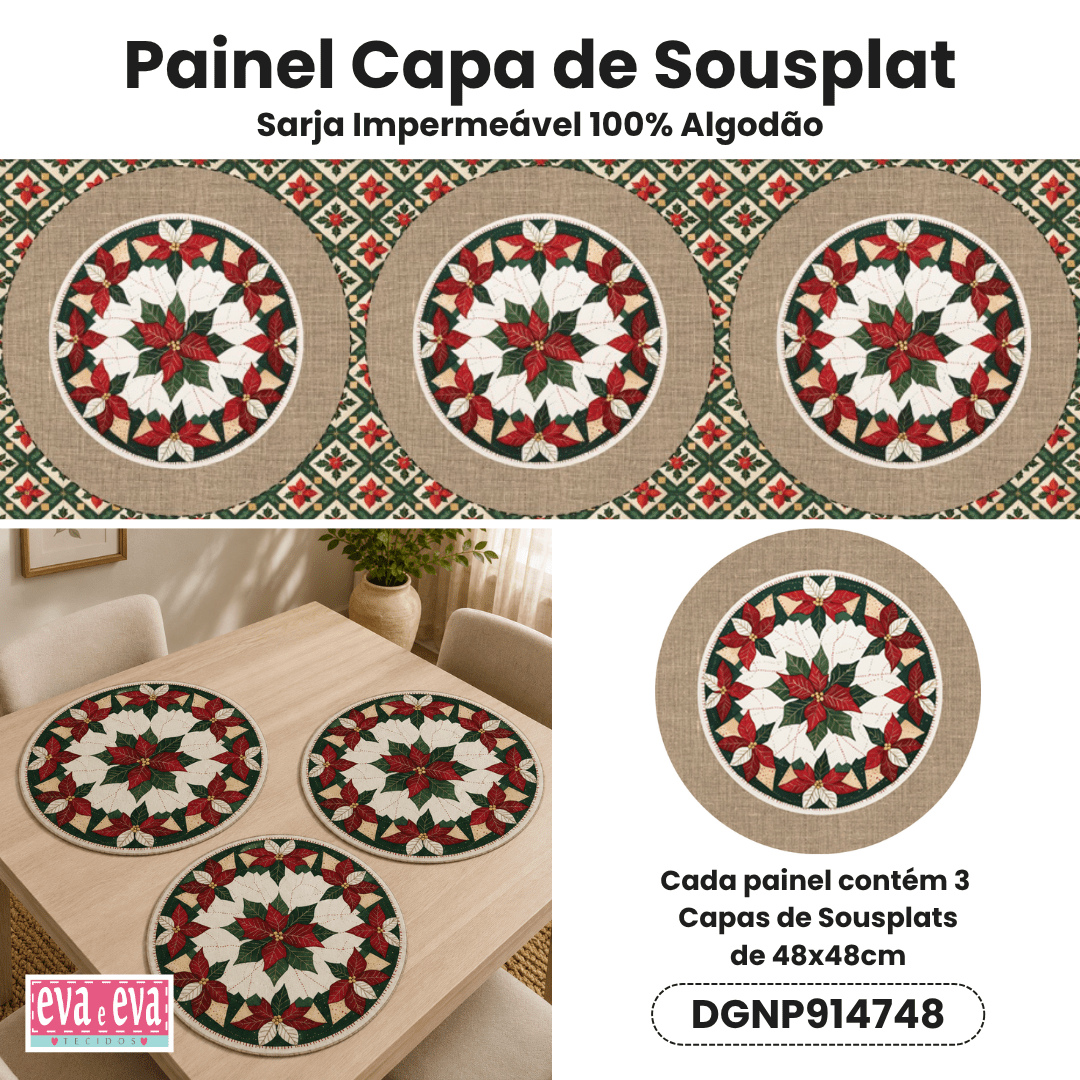 Tecido Painel em Sarja Impermeável 100% Algodão | 3 Capas de Sousplat | Natal Patchwork | DGNP914748