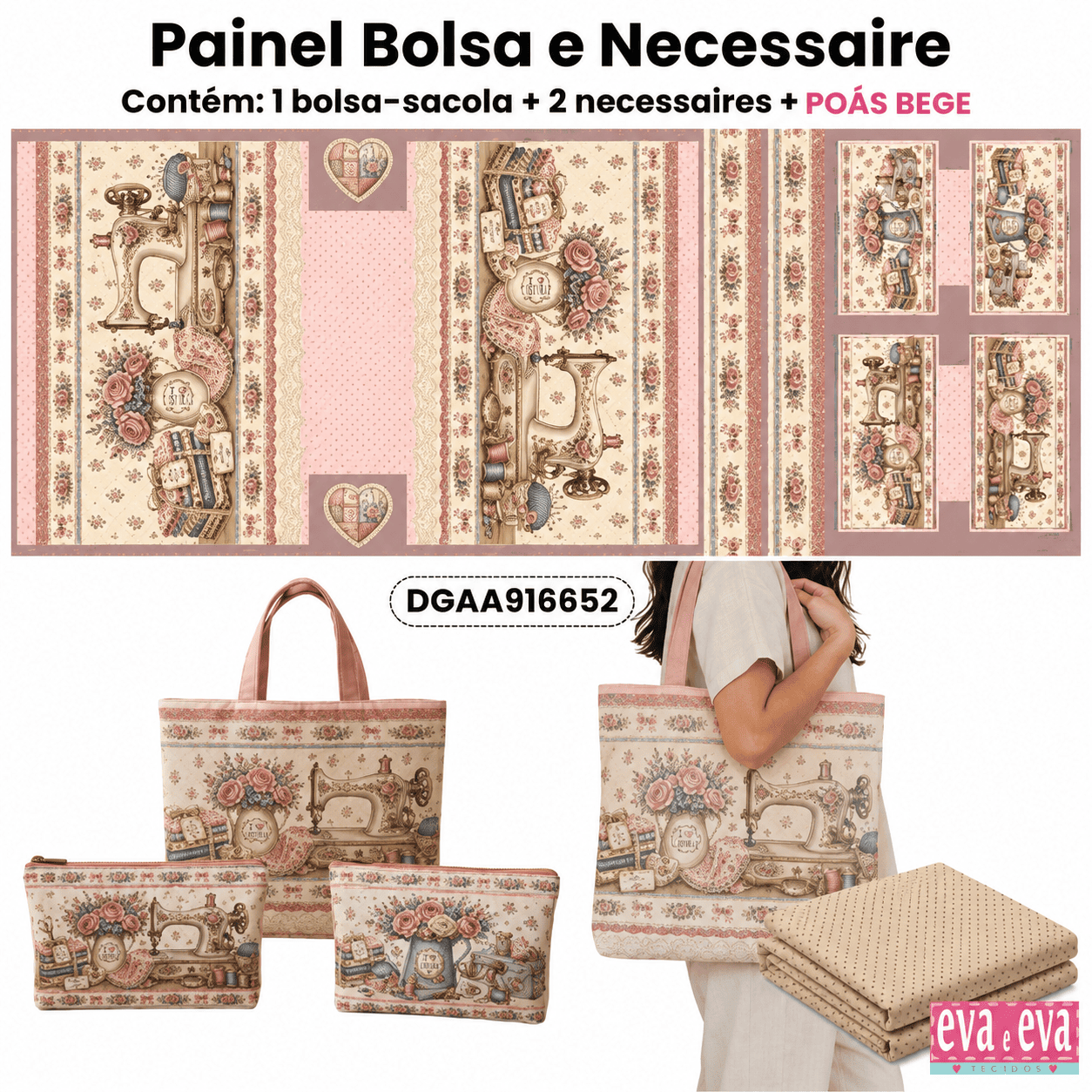 Painel Bolsa e Necessaire Ateliê do Amor + Tecido Tricoline Mini Poás Bege