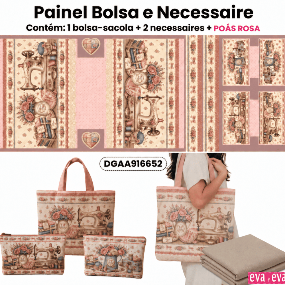 Painel Bolsa e 2 Necessaires em Tecido Sarja Impermeável 100% Algodão – DGAA916652