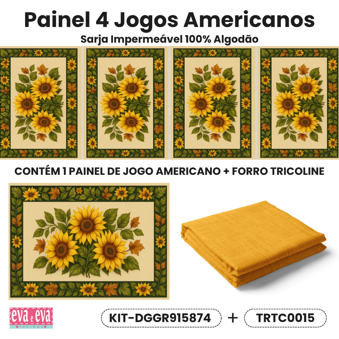 KIT JOGO AMERICANO | PAINEL DE TECIDO SARJA IMPERMEÁVEL | CAMPOS DE GIRASSOL | KIT-DGGR915874