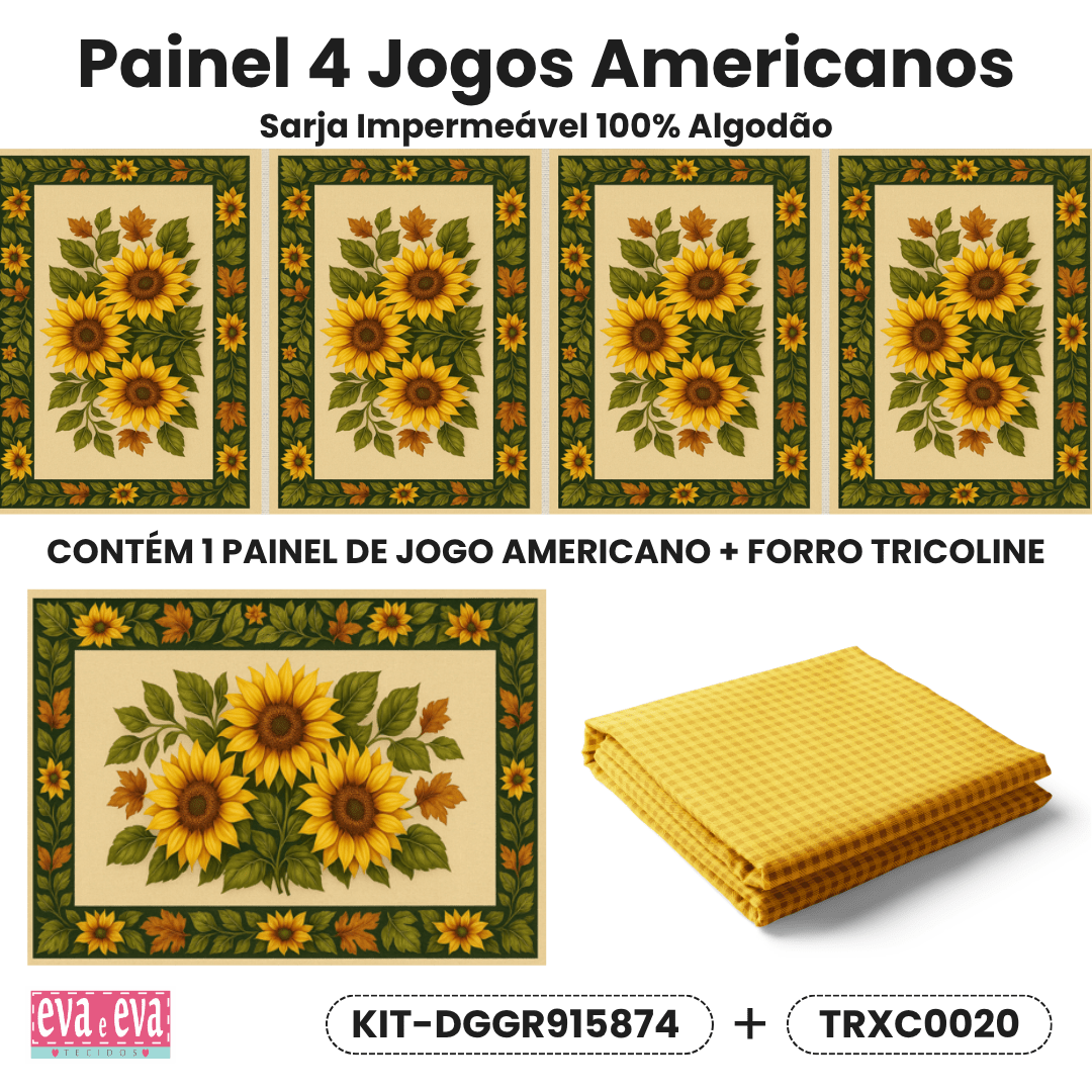 KIT JOGO AMERICANO | PAINEL DE TECIDO SARJA IMPERMEÁVEL COM FORO EM TRICOLINE | CAMPOS DE GIRASSOL | KIT-DGGR915874