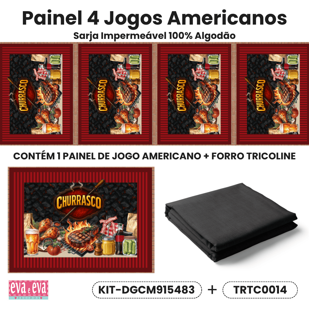 KIT JOGO AMERICANO | PAINEL DE TECIDO SARJA IMPERMEÁVEL | CHURRASCO E AMIGOS | KIT-DGCM915483