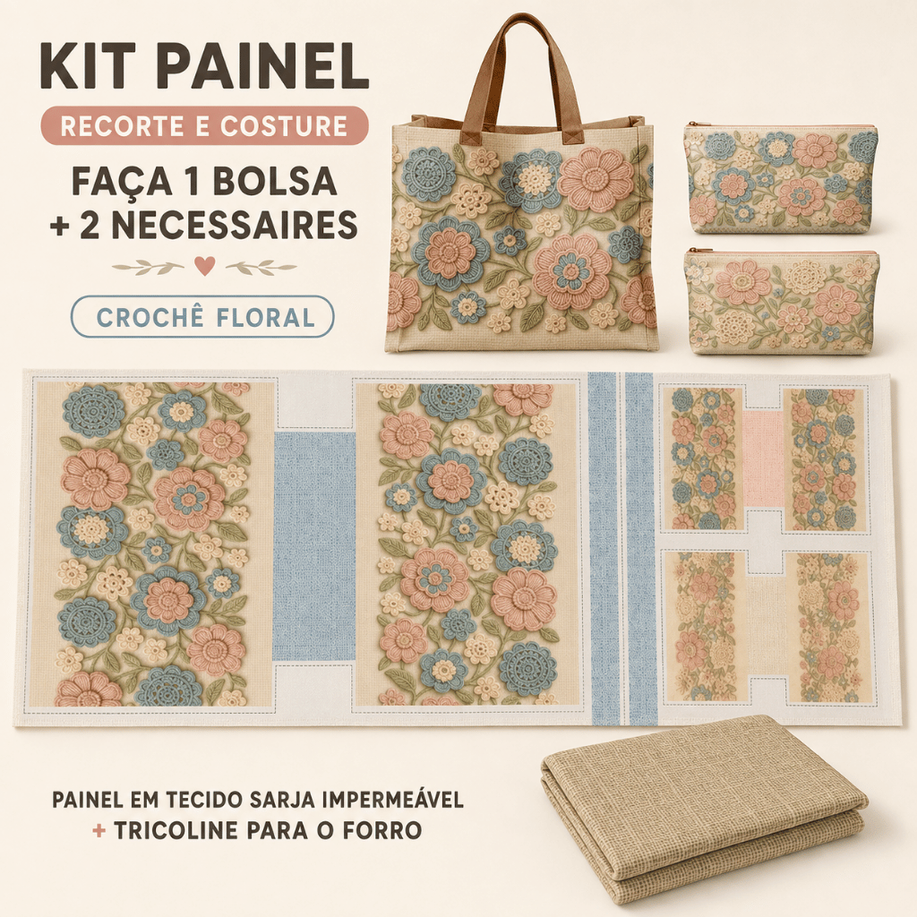 KIT BOLSA | PAINEL DE TECIDO SARJA IMPERMEÁVEL COM FORRO EM TRICOLINE | FLORAL - CROCHÊ COLORÊ | KIT-DGCL915818