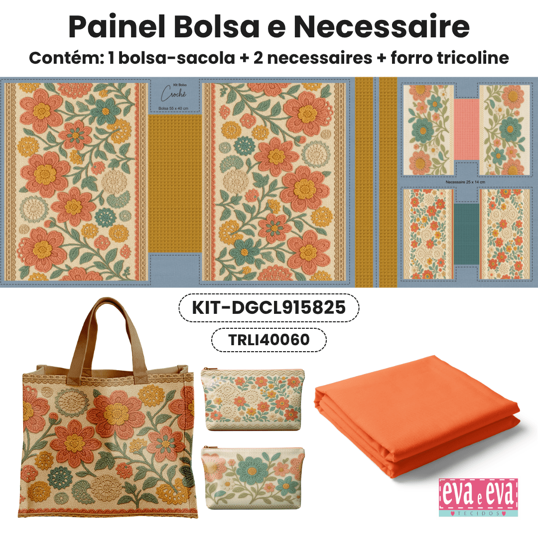 KIT BOLSA | PAINEL DE TECIDO SARJA IMPERMEÁVEL | FLORAL - CROCHÊ COLORÊ | KIT-DGCL915825