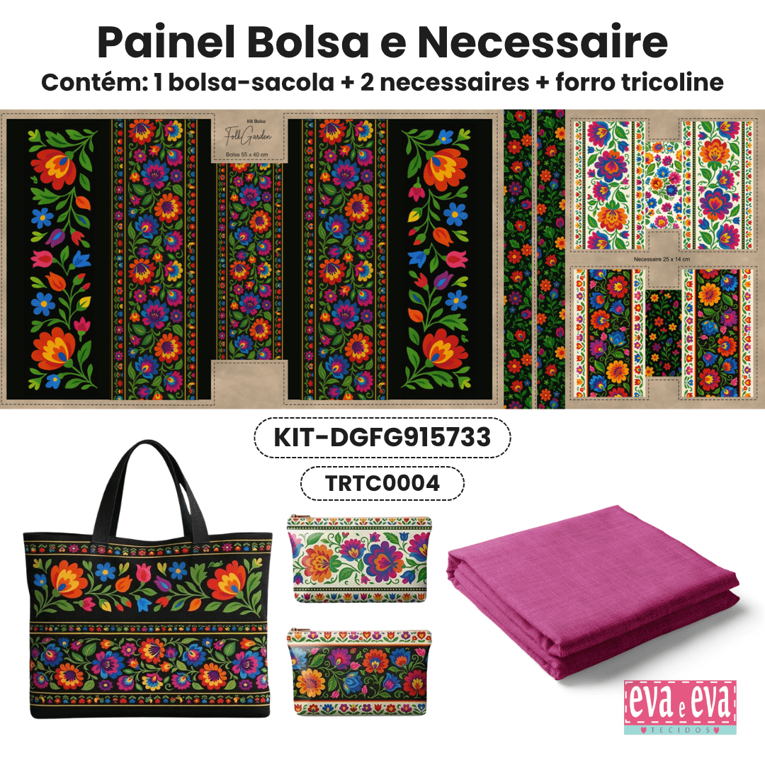 KIT BOLSA | PAINEL DE TECIDO SARJA IMPERMEÁVEL | FLORAL - FOLK GARDEN | KIT-DGFG915733