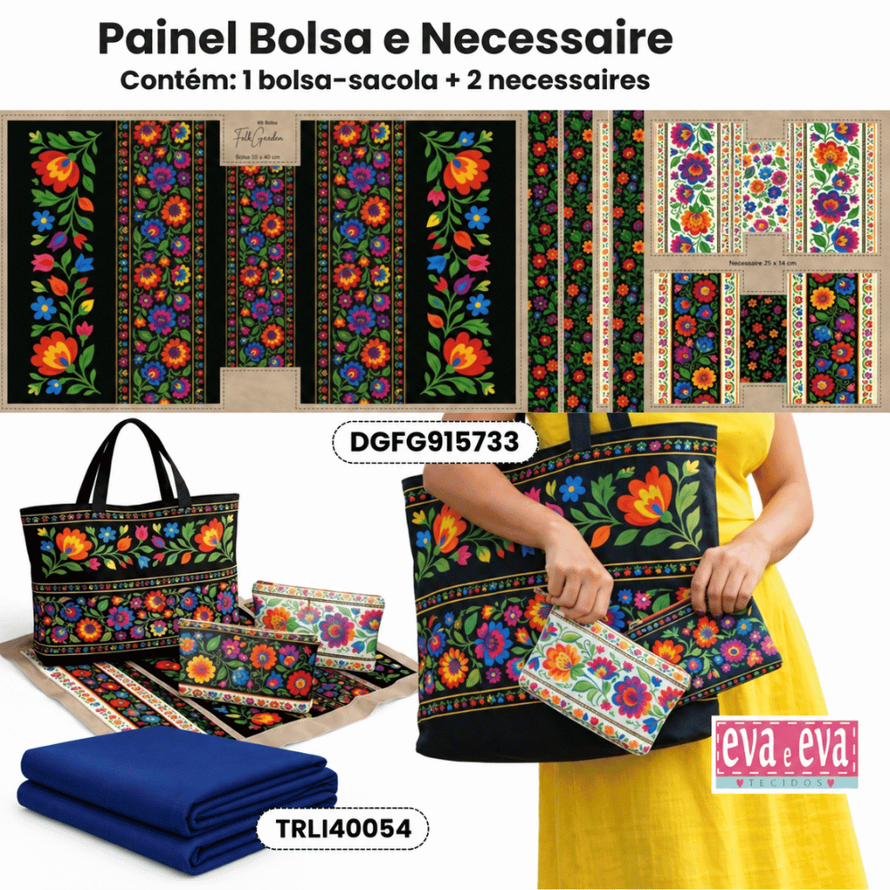 Kit Painel Bolsa + 2 Necessaires com Forro Tricoline Folk Garden – KITDGFG915733