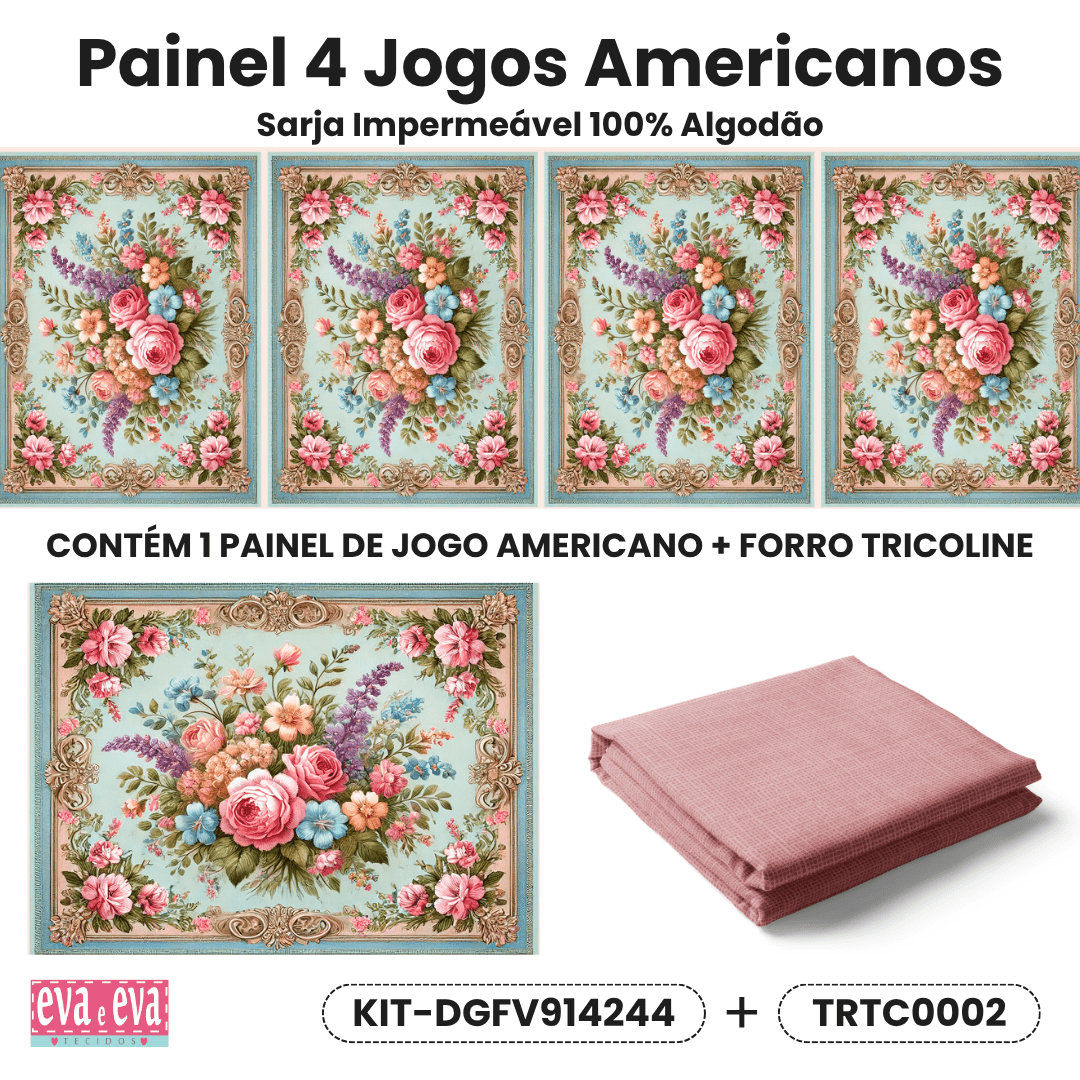 KIT JOGO AMERICANO | PAINEL DE TECIDO SARJA IMPERMEÁVEL | FLORES VINTAGE | KIT-DGFV914244