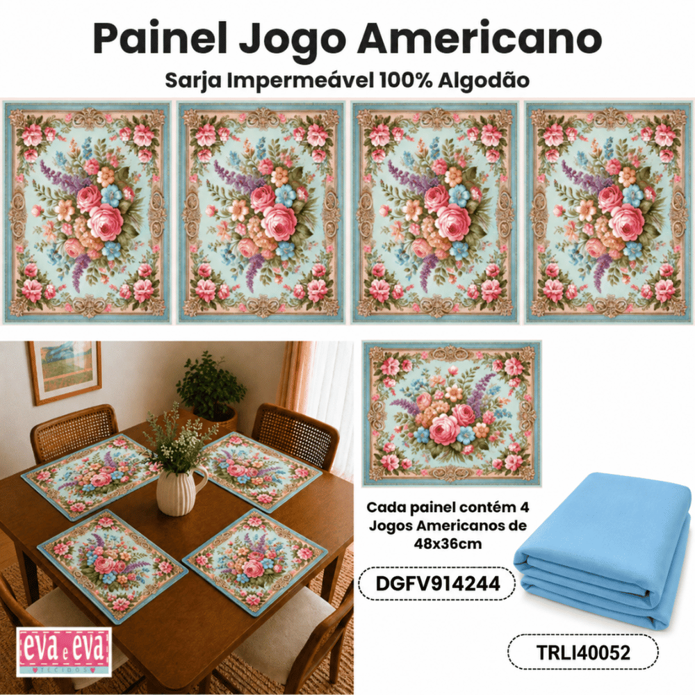 KIT JOGO AMERICANO | PAINEL DE TECIDO SARJA IMPERMEÁVEL COM FORRO EM TRICOLINE | FLORES VINTAGE | KIT-RC-JA4-DGFV9