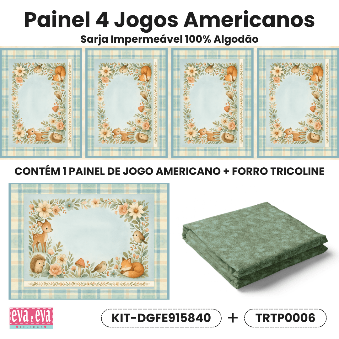 KIT JOGO AMERICANO | PAINEL DE TECIDO SARJA IMPERMEÁVEL | FLORESTA ENCANTADA | KIT-DGFE915840