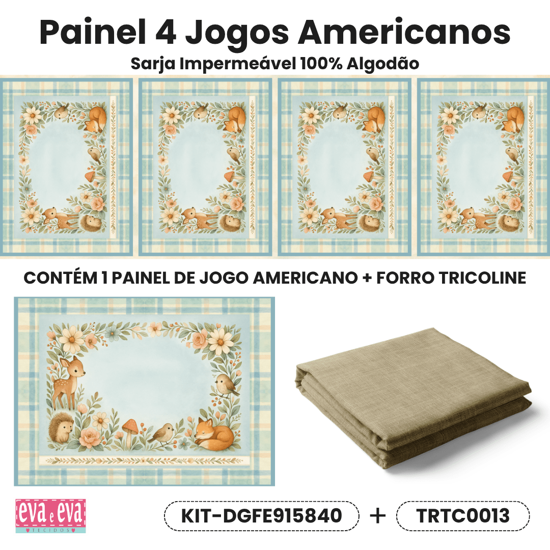 KIT JOGO AMERICANO | PAINEL DE TECIDO SARJA IMPERMEÁVEL COM FORO EM TRICOLINE | FLORESTA ENCANTADA | KIT-DGFE915840