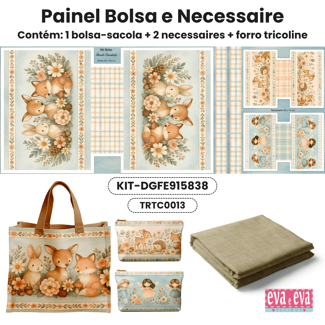 KIT BOLSA | PAINEL DE TECIDO SARJA IMPERMEÁVEL | INFANTIL - FLORESTA ENCANTADA | KIT-DGFE915838