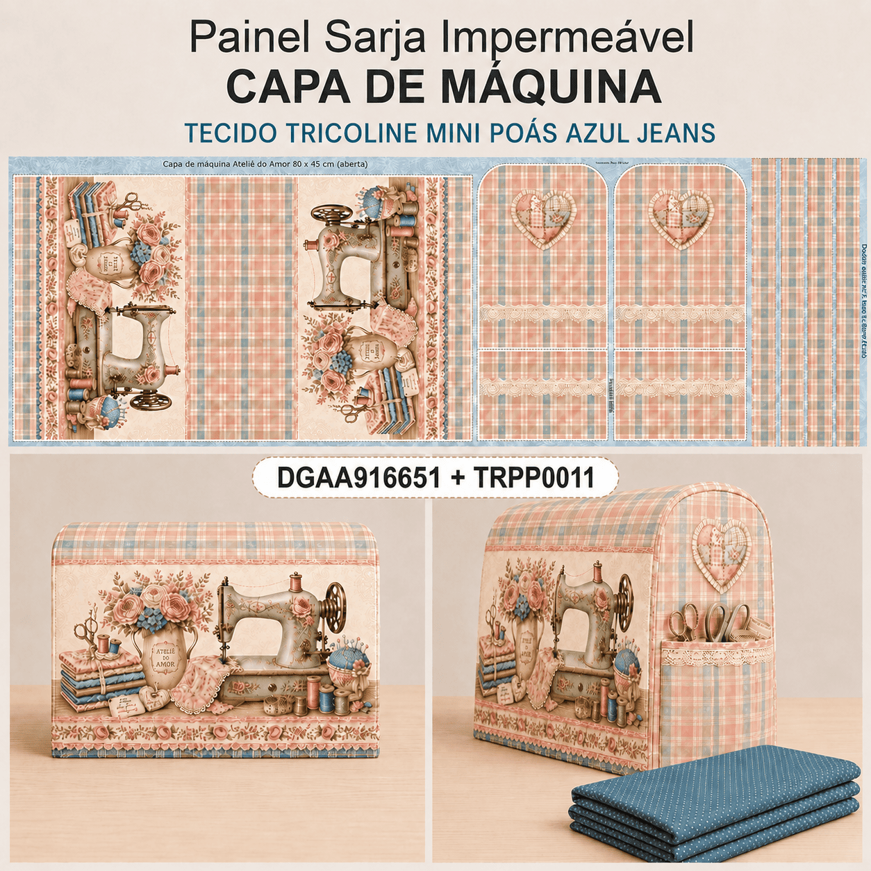 Painel Capa de Máquina Ateliê do Amor + Tecido Tricoline Mini Poás Azul Jeans