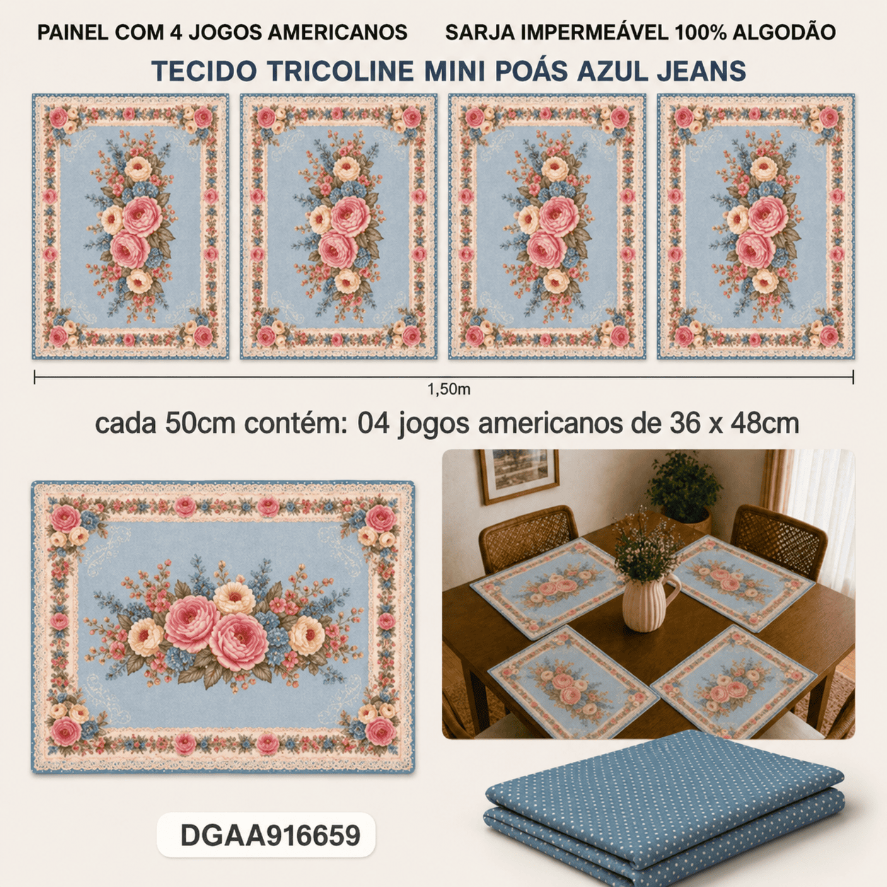 Painel com 4 Jogos Americanos Ateliê do Amor + Tecido Tricoline Mini Poás Azul Jeans