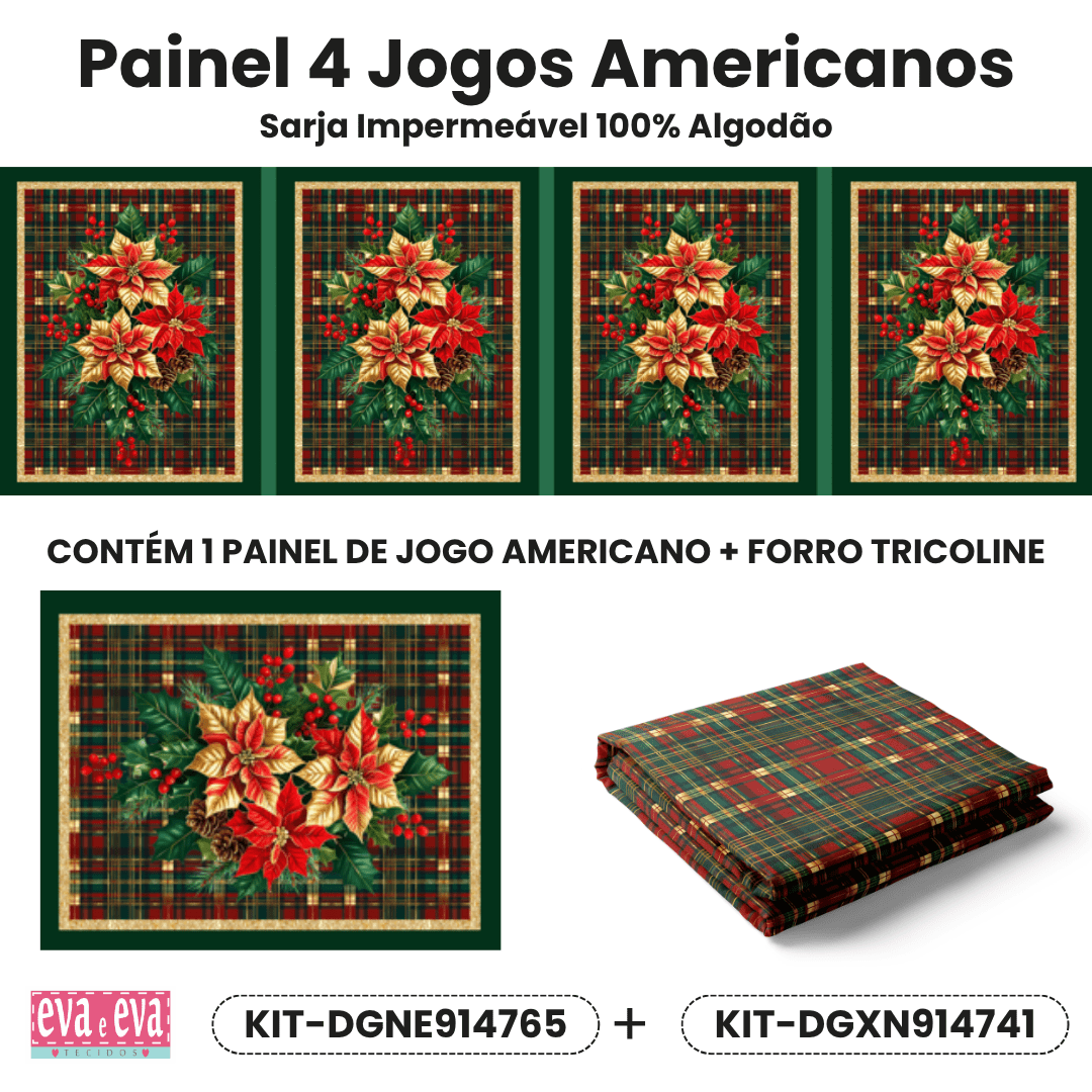 KIT JOGO AMERICANO| PAINEL DE TECIDO SARJA IMPERMEÁVEL | NATAL ELEGANCE | KIT-DGNE914765