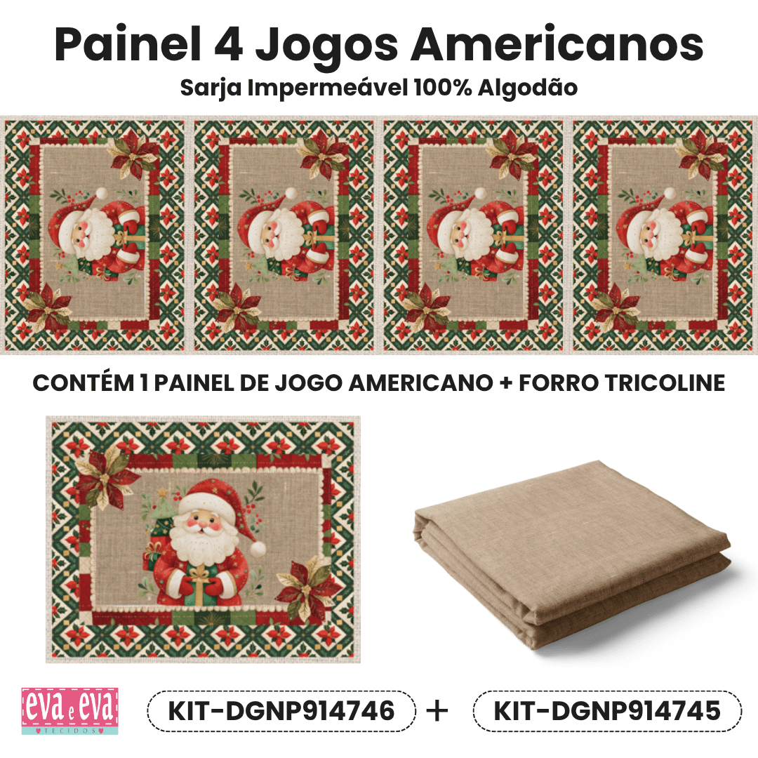 KIT JOGO AMERICANO| PAINEL DE TECIDO SARJA IMPERMEÁVEL | NATAL PATCHWORK | KIT-DGNP914746