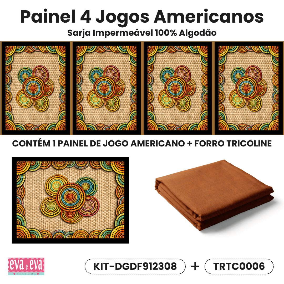 KIT JOGO AMERICANO| PAINEL DE TECIDO SARJA IMPERMEÁVEL | MANDALAS AFRICANAS | KIT-DGMA916513
