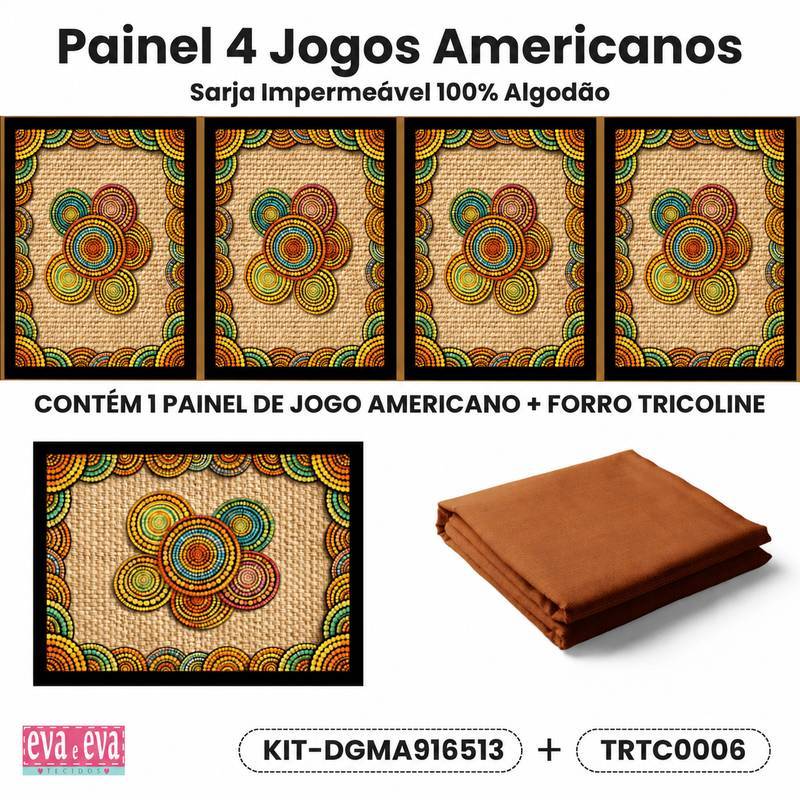 KIT JOGO AMERICANO| PAINEL DE TECIDO SARJA IMPERMEÁVEL | MANDALAS AFRICANAS | KIT-DGMA916513
