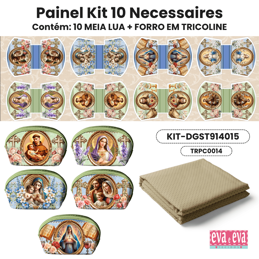 Tecido Painel em Sarja Impermeável 100% Algodão | Kit 10 Necessaires | Religioso - Santos| KIT-DGST914015
