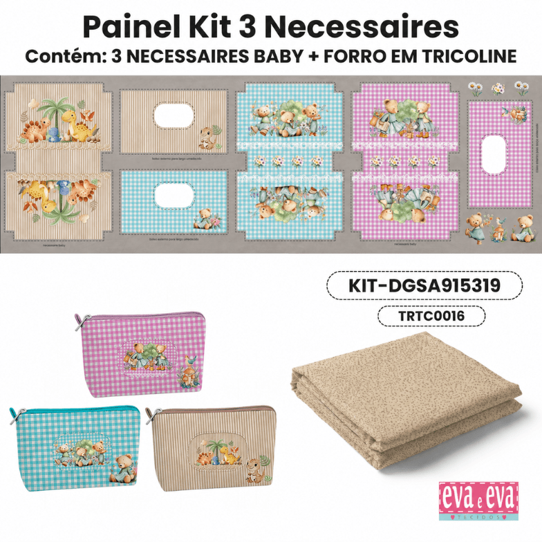 KIT 3 NECESSAIRES BABY | PAINEL DE TECIDO SARJA IMPERMEÁVEL COM FORO EM TRICOLINE | Infantil - Sonhos e Aventuras| KIT-DGSA915319