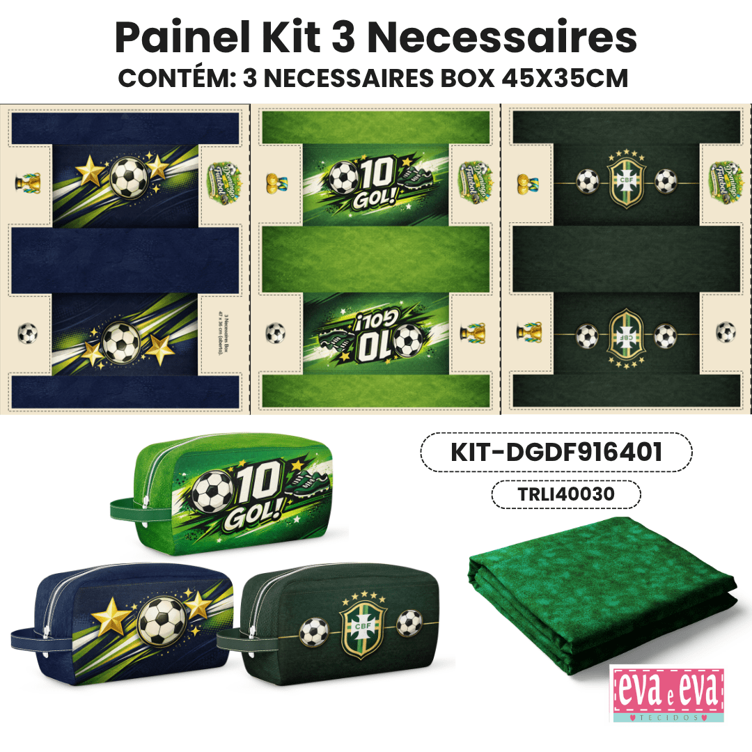 Tecido Painel em Sarja Impermeável 100% Algodão | Kit 3 Necessaires | DOMINGO DE FUTEBOL | KIT-DGDF916401