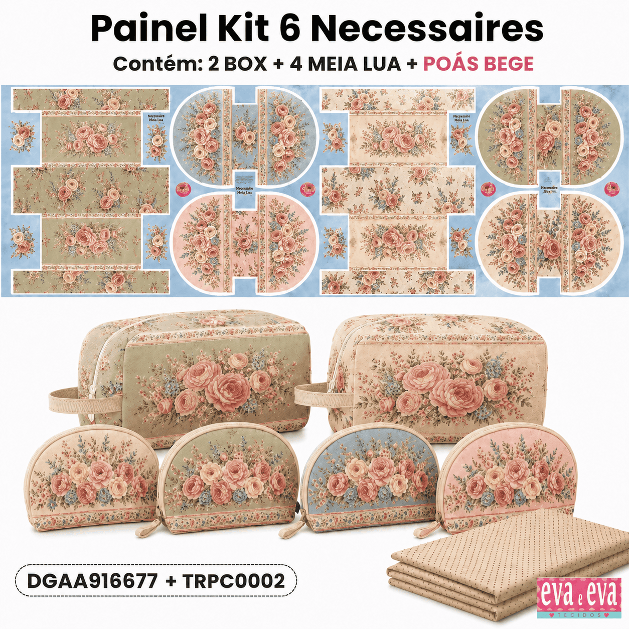 Painel Kit 6 Necessaires Ateliê do Amor + Tecido Tricoline Mini Poás Bege