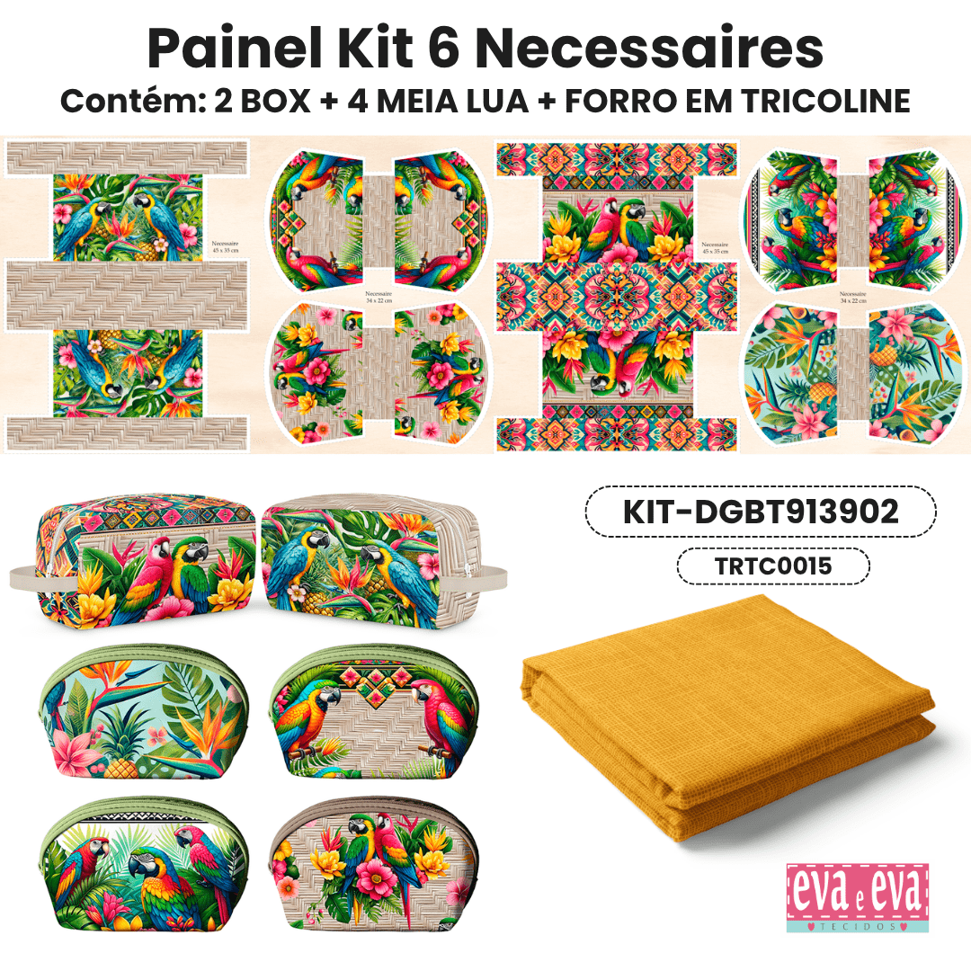 KIT 6 NECESSAIRES | PAINEL DE TECIDO SARJA IMPERMEÁVEL COM FORO EM TRICOLINE | Floral - Beleza Tropical| KIT-DGBT913902