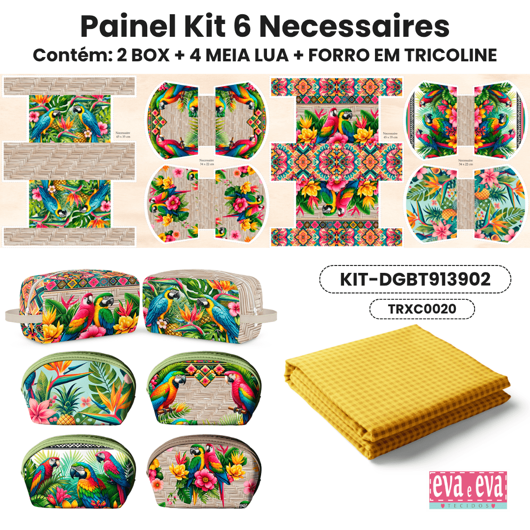 KIT 6 NECESSAIRES | PAINEL DE TECIDO SARJA IMPERMEÁVEL COM FORO EM TRICOLINE | Floral - Beleza Tropical| KIT-DGBT913902
