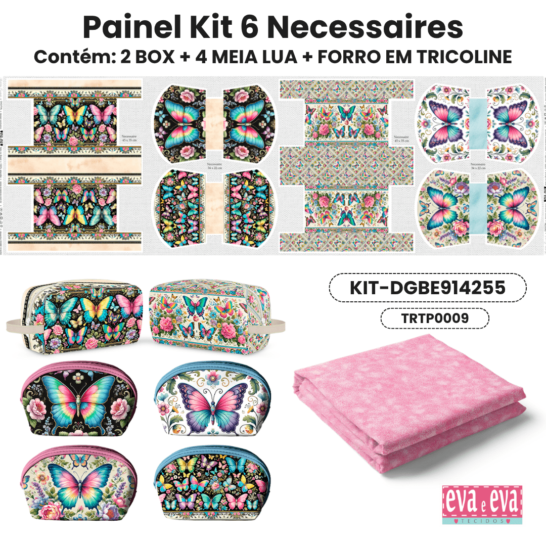 Tecido Painel em Sarja Impermeável 100% Algodão | Kit 6 Necessaires | Floral - Borboletas Encantadas | KIT-DGBE914255