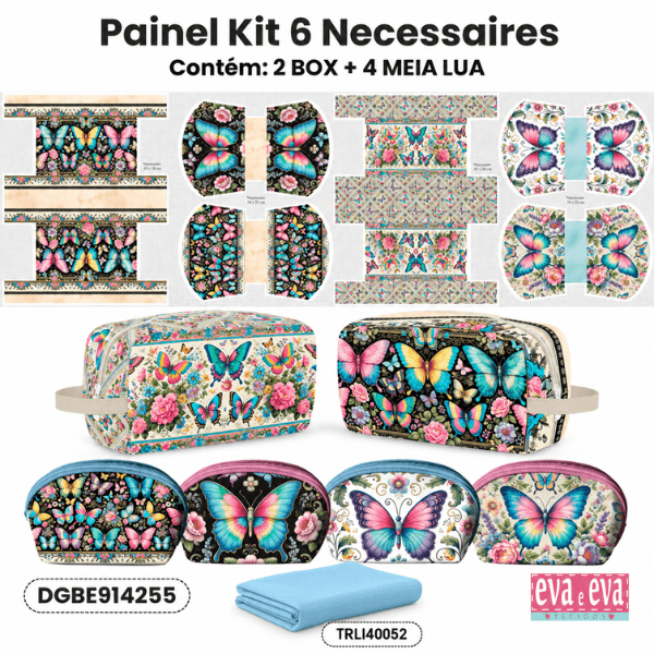 KIT 6 NECESSAIRES | PAINEL DE TECIDO SARJA IMPERMEÁVEL COM FORO EM TRICOLINE | Floral - Borboletas Encantadas | KIT-DGBE914255