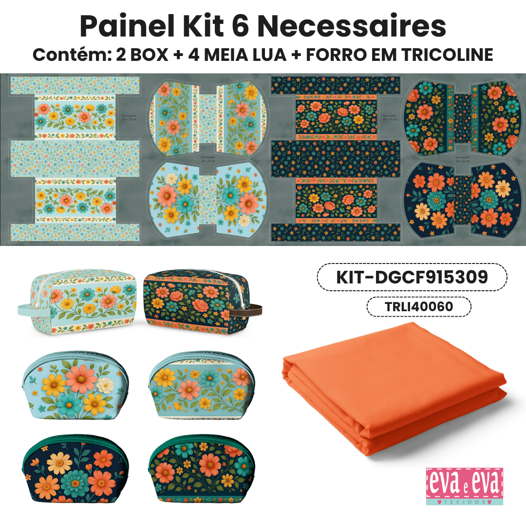 KIT 6 NECESSAIRES | PAINEL DE TECIDO SARJA IMPERMEÁVEL COM FORO EM TRICOLINE | Floral - Caminho das Flores| KIT-DGCF915309