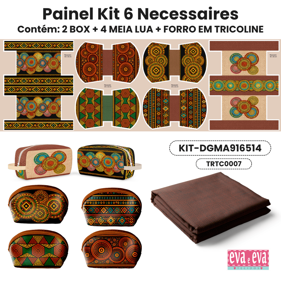 Tecido Painel em Sarja Impermeável 100% Algodão | Kit 6 Necessaires | Mandalas Africanas | KIT-DGMA916514