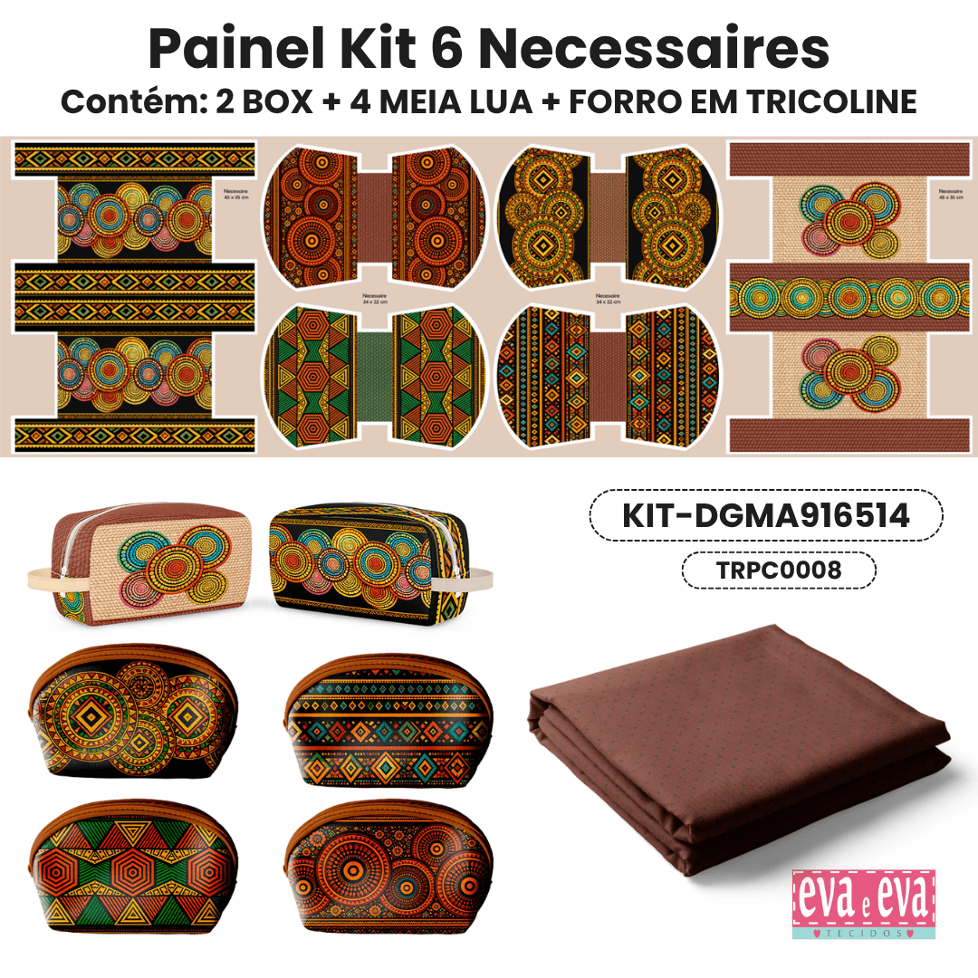 Tecido Painel em Sarja Impermeável 100% Algodão | Kit 6 Necessaires | Mandalas Africanas | KIT-DGMA916514