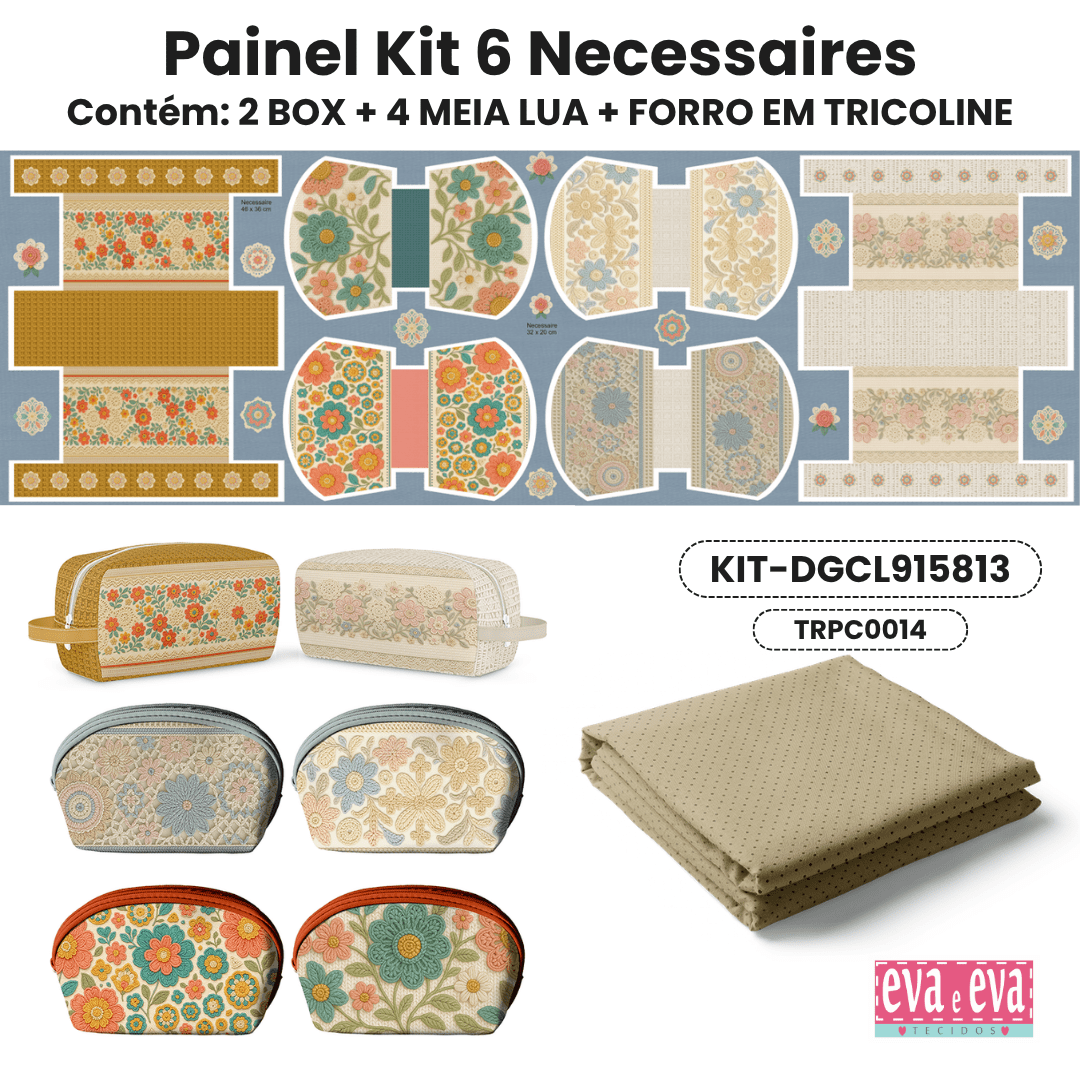 Tecido Painel em Sarja Impermeável 100% Algodão | Kit 6 Necessaires | Floral - Crochê Colorê | KIT-DGCL915813