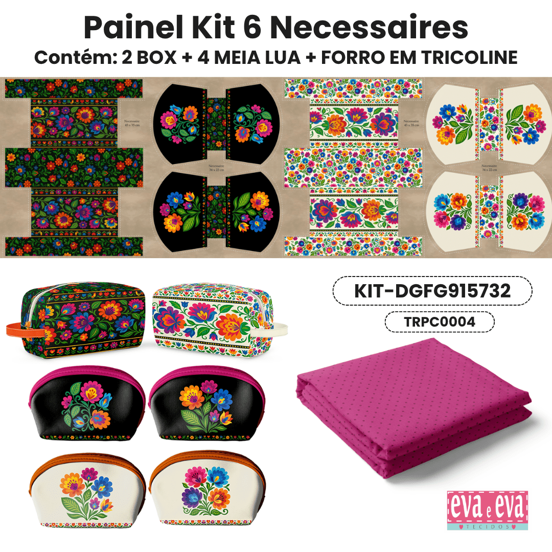 Tecido Painel em Sarja Impermeável 100% Algodão | Kit 6 Necessaires | Floral - Folk Garden | KIT-DGFG915732