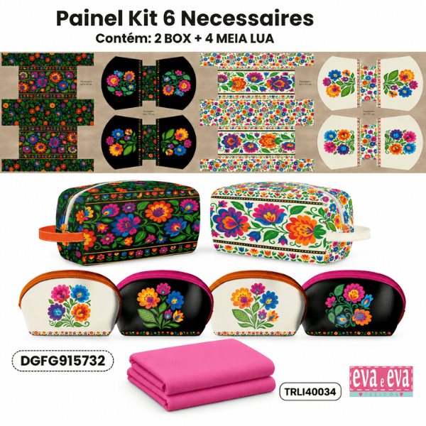 Kit Tecido Sarja Impermeável Painel de 6 Necessaires + Forro Tricoline Floral Costura Criativa DIY - KIT-DGFG915732  