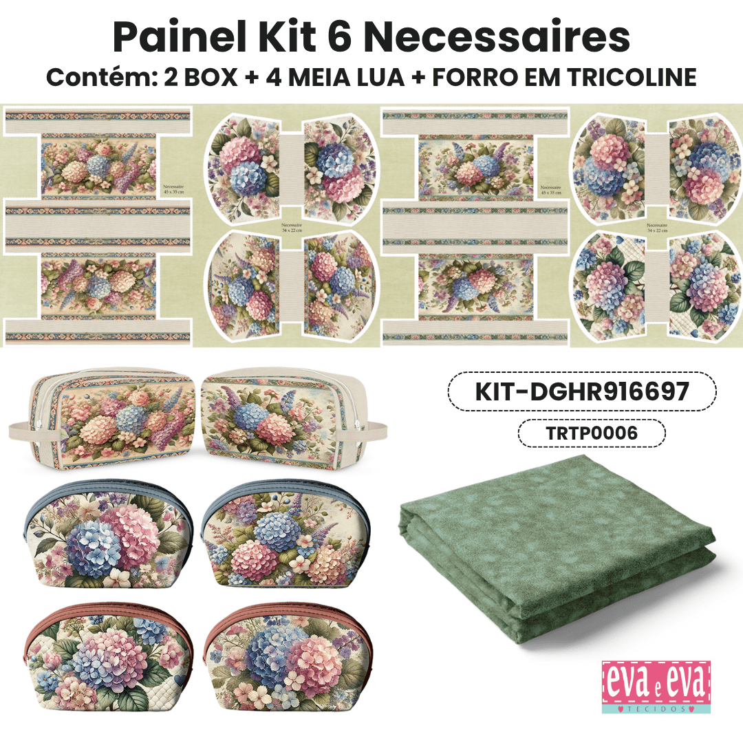 Tecido Painel em Sarja Impermeável 100% Algodão | Kit 6 Necessaires | Floral - Hortênsias e Rosas | KIT-DGHR916697