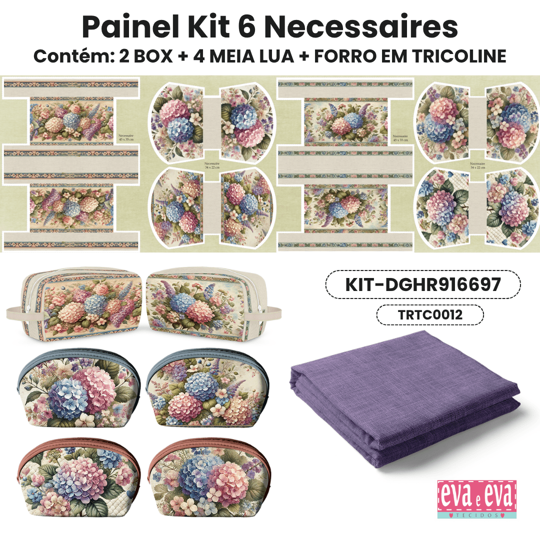 KIT 6 NECESSAIRES | PAINEL DE TECIDO SARJA IMPERMEÁVEL COM FORO EM TRICOLINE | Floral - Hortênsias e Rosas | KIT-DGHR916697