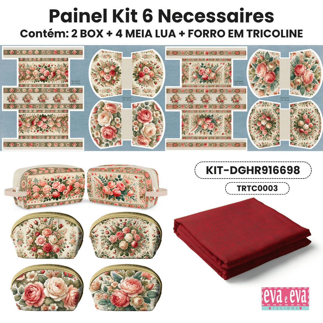 Tecido Painel em Sarja Impermeável 100% Algodão | Kit 6 Necessaires | Floral - Hortênsias e Rosas| KIT-DGHR916698