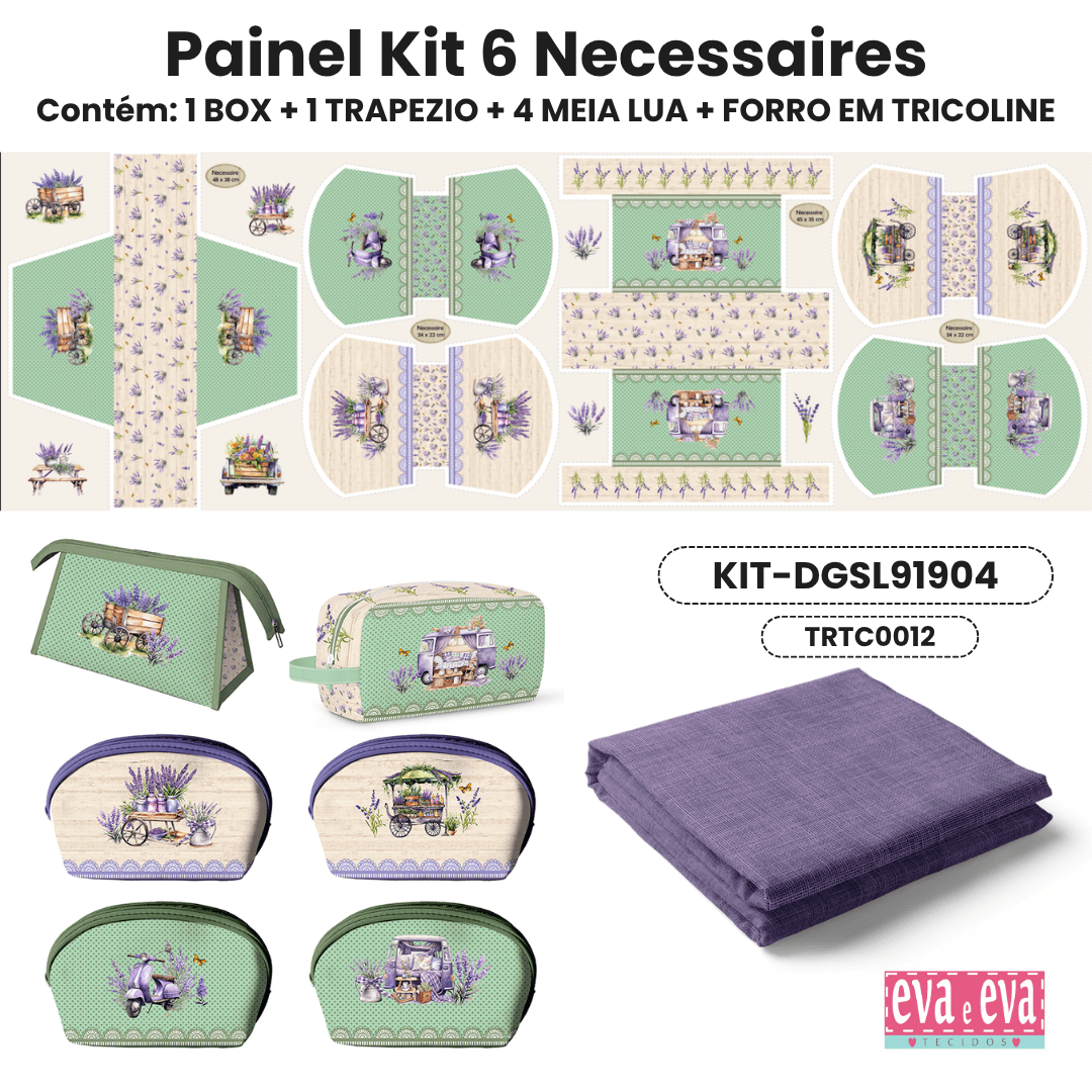 Tecido Painel em Sarja Impermeável 100% Algodão | Kit 6 Necessaires | Floral - Simplesmente Lavanda | KIT-DGSL912904