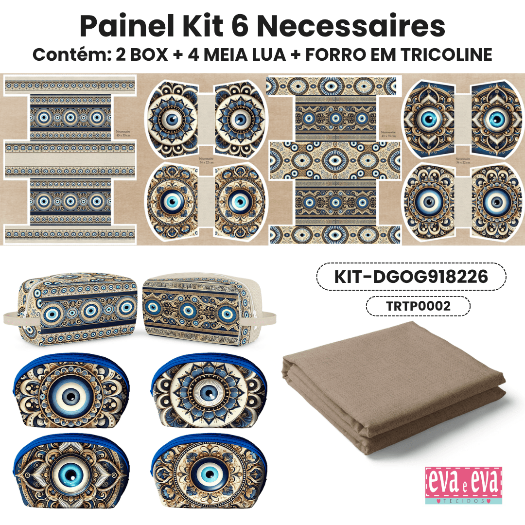Tecido Painel em Sarja Impermeável 100% Algodão | Kit 6 Necessaires | Geométrico - Olho Grego | KIT-DGOG918226