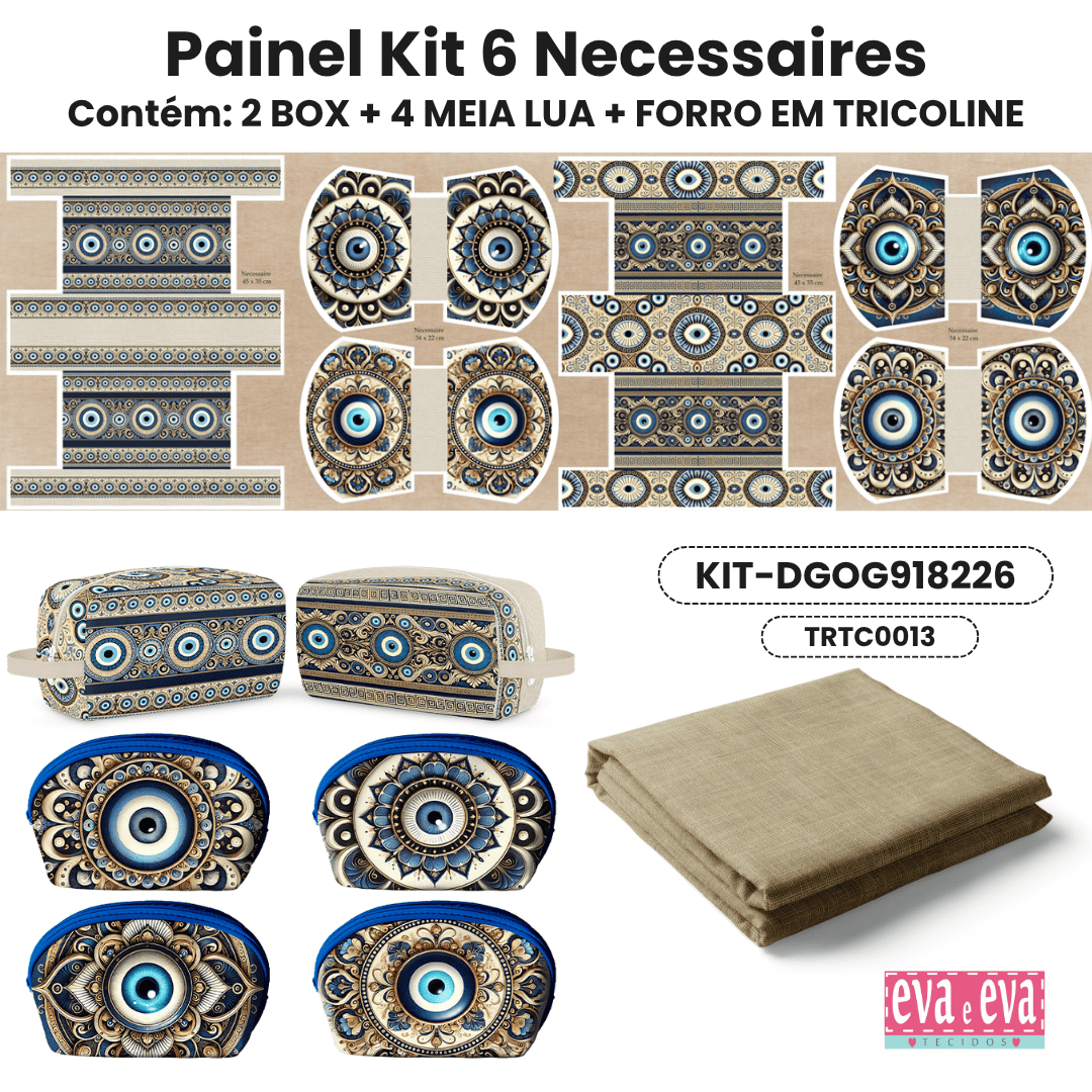 KIT 6 NECESSAIRES | PAINEL DE TECIDO SARJA IMPERMEÁVEL COM FORO EM TRICOLINE | Geométrico - Olho Grego | KIT-DGOG918226